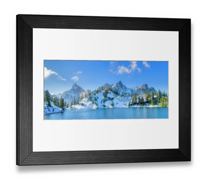 Framed Print : USA, Washington State, Alpine Lakes Wilderness. Panorama view of Gem Lake and Kaleetan Peak with snow Framed Print : USA, Washington State, Alpine Lakes Wilderness. Panorama view of Gem Lake and Kaleetan Peak with snow