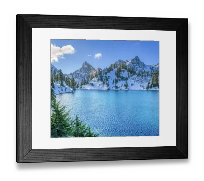 Framed Print : USA, Washington State, Alpine Lakes Wilderness. Gem Lake and Kaleetan Peak with new snow
