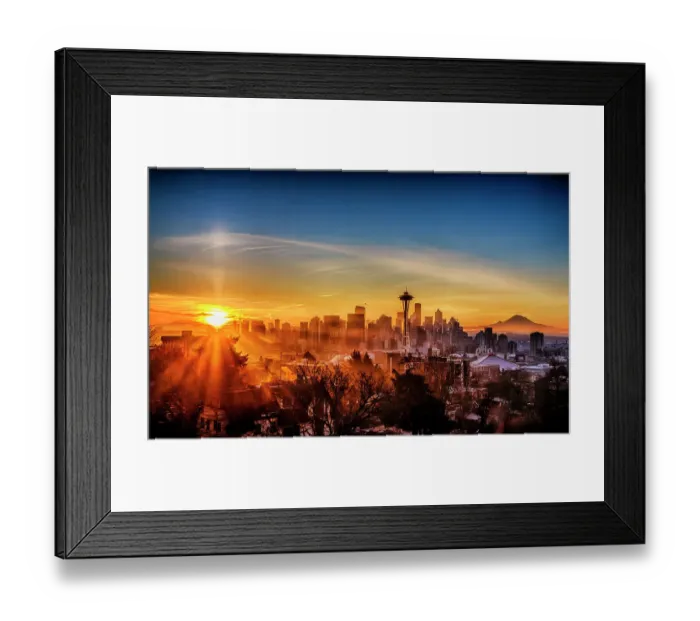 Framed Print : USA, Washington State, Seattle. Dawn on Seattle skyline from a park on Queen Anne Hill with Mt. Rainier in the background
