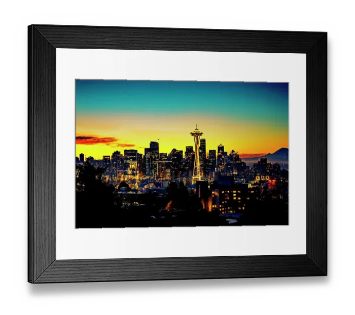 Framed Print : USA, Washington State, Seattle. Dawn on Seattle skyline from a park on Queen Anne Hill with Mt. Rainier in the background