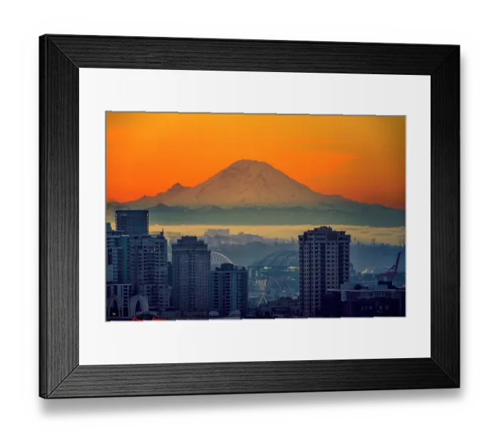 Framed Print : USA, Washington State, Seattle. Dawn on Seattle skyline from a park on Queen Anne Hill with Mt. Rainier in the background Framed Print : USA, Washington State, Seattle. Dawn on Seattle skyline from a park on Queen Anne Hill with Mt. Rainier in the background