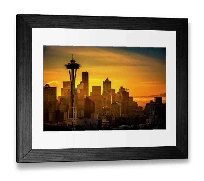 Framed Print : USA, Washington State, Seattle. Dawn on Seattle skyline from a park on Queen Anne Hill with Mt. Rainier in the background Framed Print : USA, Washington State, Seattle. Dawn on Seattle skyline from a park on Queen Anne Hill with Mt. Rainier in the background