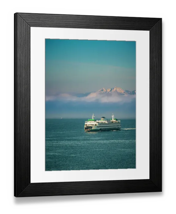Framed Print : USA, Washington State, Seattle. Ferry sails into Seattle's Elliot Bay in front of morning fog and the Olympic Mountains Framed Print : USA, Washington State, Seattle. Ferry sails into Seattle's Elliot Bay in front of morning fog and the Olympic Mountains