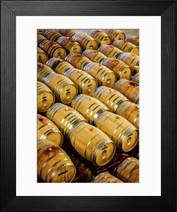 Framed Print : USA, Washington State, Woodinville. Barrell cellar holds hundreds of wine barrels. (Editorial Use Only)