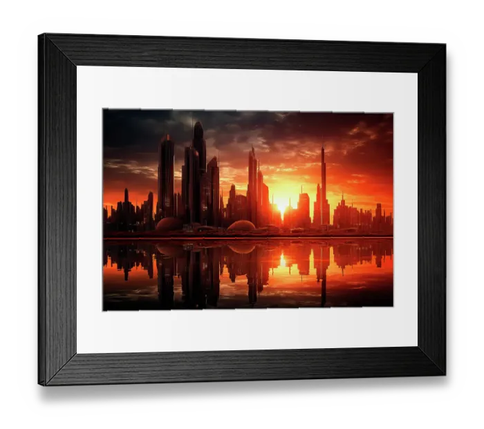 Framed Print : Water reflection of futuristic city skyline at sunrise. ©Jim Zuckerman  /  Jaynes Gallery  /  DanitaDelimont.com