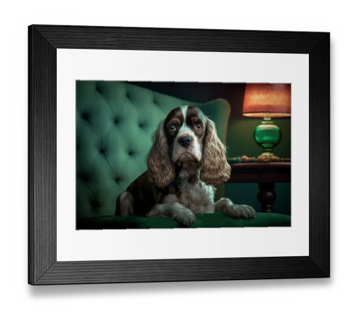 Framed Print : Cocker spaniel dog on green chair. ©Jim Zuckerman / Jaynes Gallery / DanitaDelimont.com (AI) Framed Print : Cocker spaniel dog on green chair. ©Jim Zuckerman / Jaynes Gallery / DanitaDelimont.com (AI)