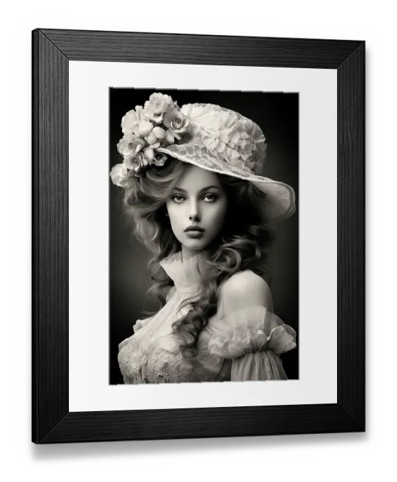 Framed Print : Black and white of 1890's female fashion model in hat and white lace. ©Jim Zuckerman  /  Jaynes Gallery  /  DanitaDelimont.com (AI)