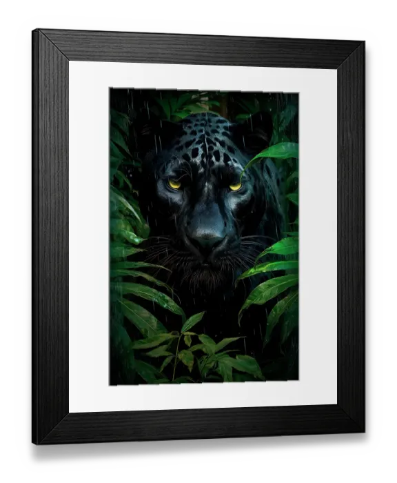 Framed Print : Black leopard face in a rainy jungle foliage. DanitaDelimont.com (AI)