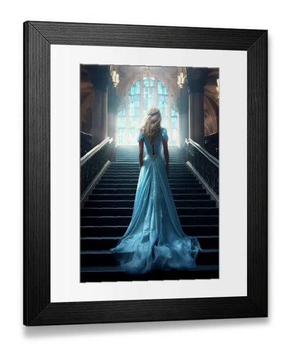 Framed Print : Back of blonde female model in blue dress on stairway. ©Jim Zuckerman  /  Jaynes Gallery  /  DanitaDelimont.com (AI)