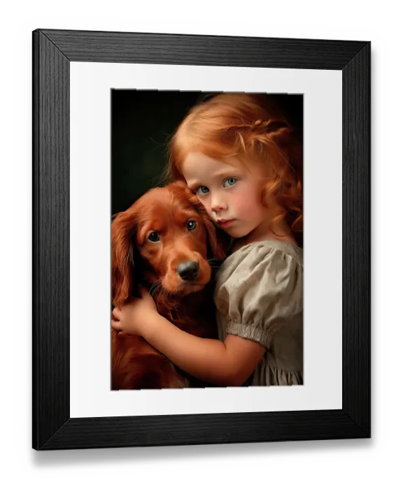 Framed Print : Little girl hugging Irish setter puppy. ©Jim Zuckerman  /  Jaynes Gallery  /  DanitaDelimont.com (AI)