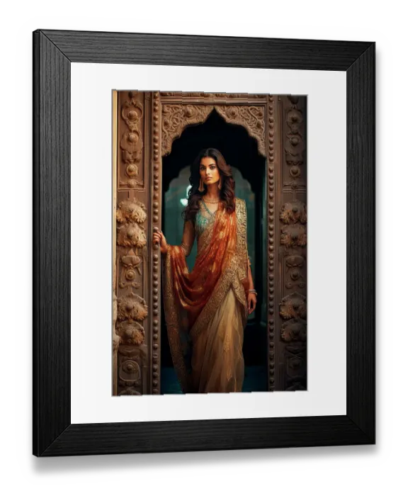Framed Print : Female Indian model in sari. ©Jim Zuckerman  /  Jaynes Gallery  /  DanitaDelimont.com (AI)