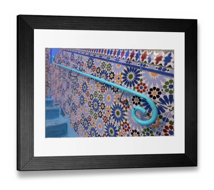 Framed Print : Africa, Morocco, Chefchaouen. Blue railing on decorated tile wall. ©Bill Young  /  Jaynes Gallery  /  DanitaDelimont.com