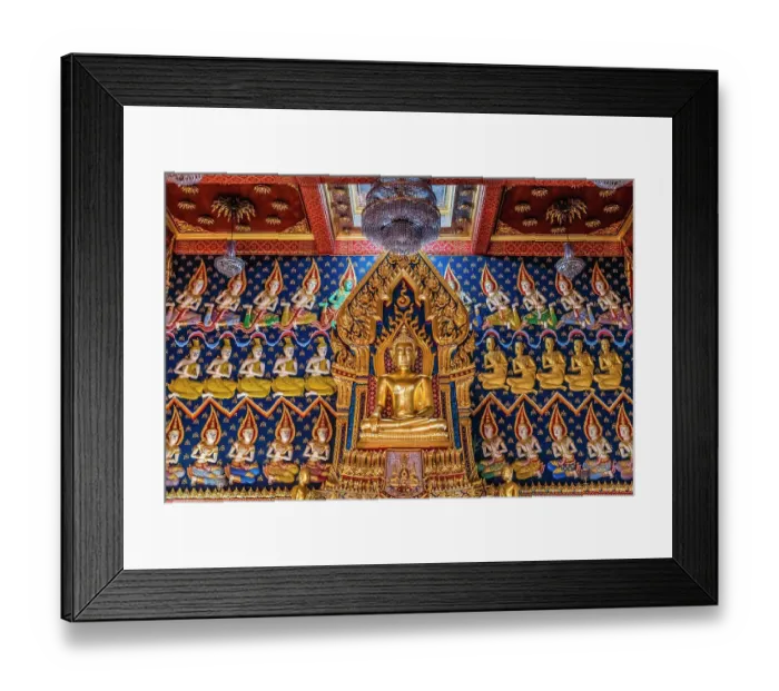 Framed Print : Colorful golden Buddha decorations, Wat Thatsanarun Suntharikaram community temple, Bangkok, Thailand. Small old temple in a neighborhood in Bangkok Framed Print : Colorful golden Buddha decorations, Wat Thatsanarun Suntharikaram community temple, Bangkok, Thailand. Small old temple in a neighborhood in Bangkok