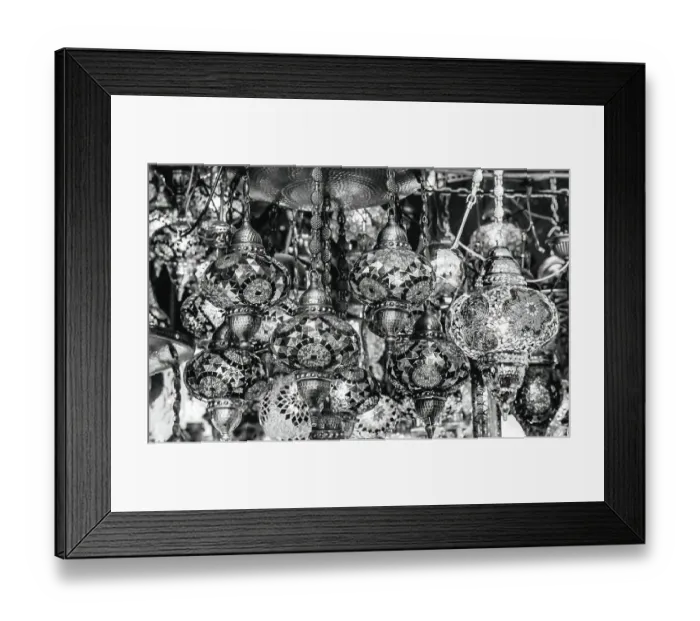 Framed Print : Black and white Turkish traditional lamps, Grand Bazaar, Istanbul, Turkey. Traditional mosaic lamps were in Turkish mosques and tombs. Light represents divine presence and light of Koran