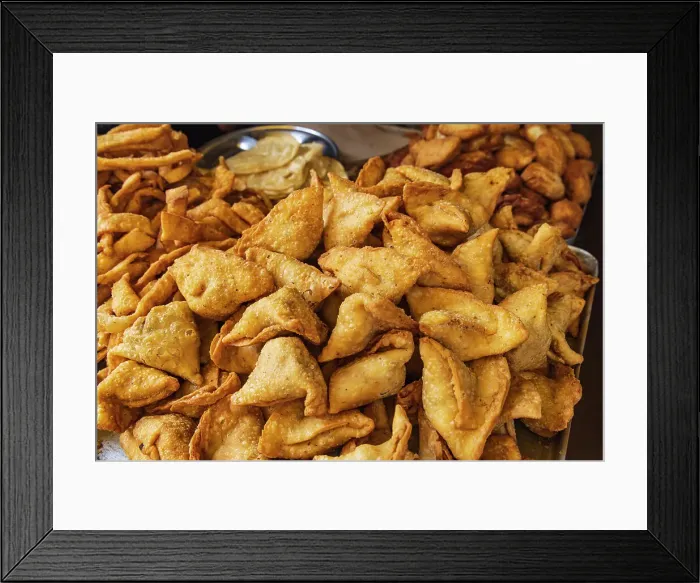 Framed Print : Nowhatta, Srinagar, Jammu and Kashmir, India. Fried samosas at a market in Srinagar Framed Print : Nowhatta, Srinagar, Jammu and Kashmir, India. Fried samosas at a market in Srinagar