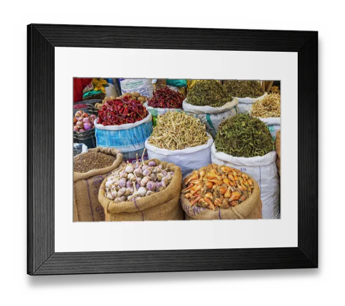 Framed Print : Rainawari, Srinagar, Jammu and Kashmir, India. Garlic, onions, dried herbs and dried chili peppers at a market Framed Print : Rainawari, Srinagar, Jammu and Kashmir, India. Garlic, onions, dried herbs and dried chili peppers at a market