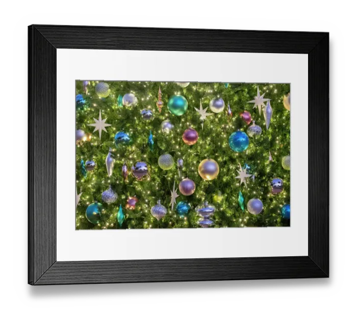 Framed Print : Christmas ornaments and lights on an artificial tree