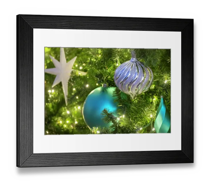 Framed Print : Christmas ornaments and lights on an artificial tree
