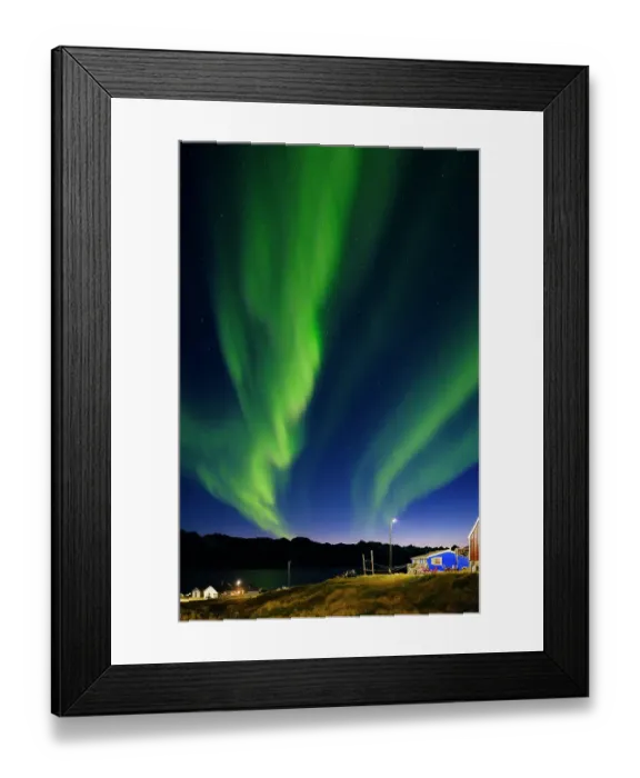 Framed Print : Northern Lights over settlement Kuummiit (formerly spelled Kummiut). Ammassalik area in East Greenland, Danish Territory Framed Print : Northern Lights over settlement Kuummiit (formerly spelled Kummiut). Ammassalik area in East Greenland, Danish Territory