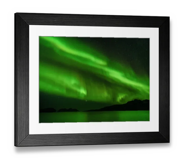 Framed Print : Northern lights over Angmagssalik Fjord near settlement Kuummiit (formerly spelled Kummiut). Ammassalik area in East Greenland. North America, Greenland, Danish Territorrry