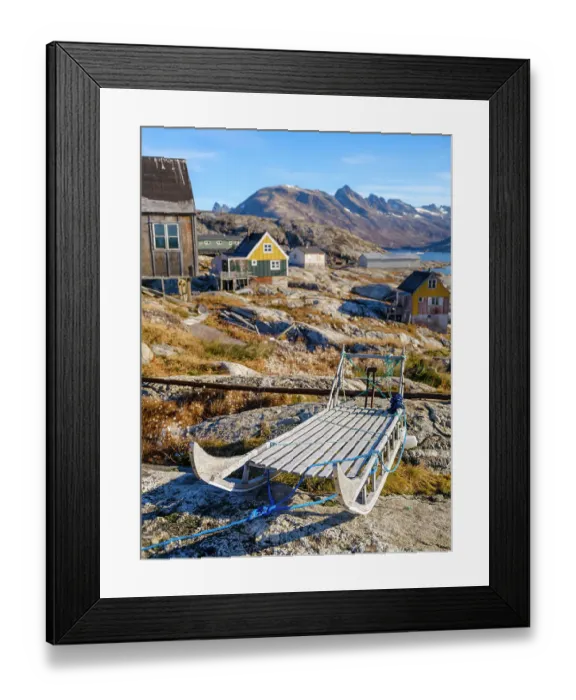 Framed Print : Little Inuit village Tinit (Tiilerilaaq) at the shore of the Sermilik (Sermiligaaq) Icefjord in East Greenland, Ammassalik, Kingdom of Denmark Framed Print : Little Inuit village Tinit (Tiilerilaaq) at the shore of the Sermilik (Sermiligaaq) Icefjord in East Greenland, Ammassalik, Kingdom of Denmark
