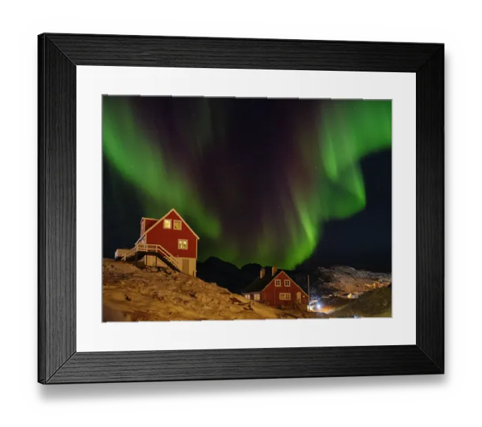 Framed Print : Northern Lights over the town. Town Tasiilaq (formerly called Ammassalik), Kingdom of Denmark Framed Print : Northern Lights over the town. Town Tasiilaq (formerly called Ammassalik), Kingdom of Denmark