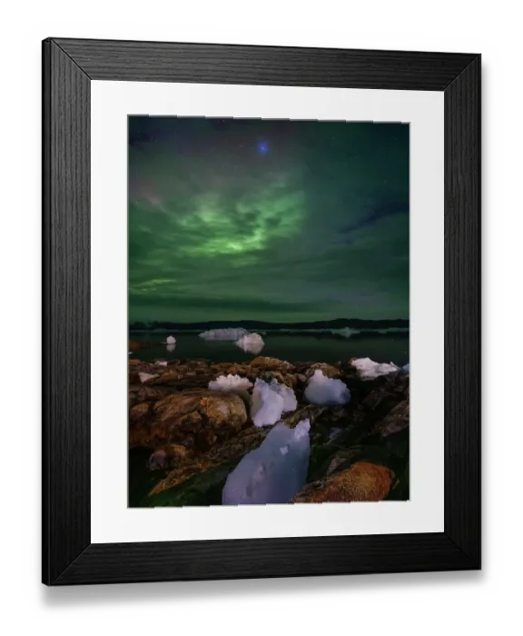 Framed Print : Northern Lights over the Sermilik (Sermiligaaq) Icefjord in East Greenland, Ammassalik, Kingdom of Denmark