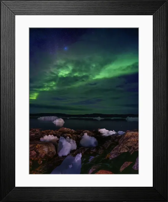 Framed Print : Northern Lights over the Sermilik (Sermiligaaq) Icefjord in East Greenland, Ammassalik, Kingdom of Denmark Framed Print : Northern Lights over the Sermilik (Sermiligaaq) Icefjord in East Greenland, Ammassalik, Kingdom of Denmark