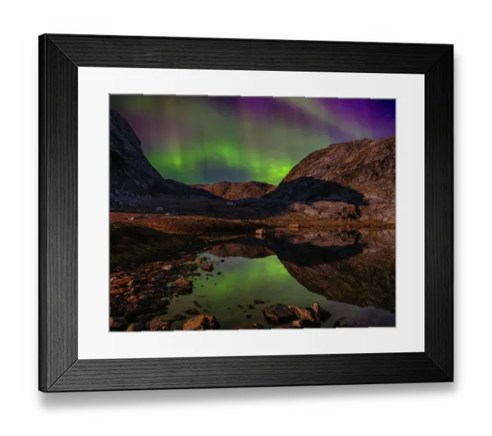 Framed Print : Northern Lights reflection in a pond during full moon at the Sermilik (Sermiligaaq) Icefjord in East Greenland, Ammassalik, Kingdom of Denmark Framed Print : Northern Lights reflection in a pond during full moon at the Sermilik (Sermiligaaq) Icefjord in East Greenland, Ammassalik, Kingdom of Denmark