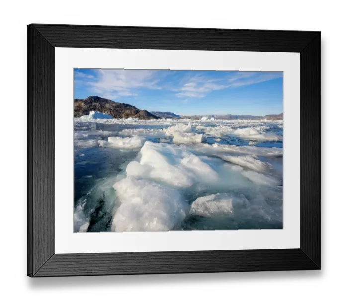 Framed Print : First sea ice during late autumn, early winter. Landscape at the Sermilik (Sermiligaaq) Icefjord in East Greenland, Ammassalik, Kingdom of Denmark