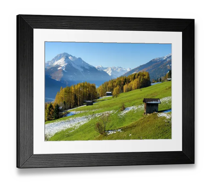 Framed Print : Autumn at the Telfer Wiesen in the valley Stubai, Mount Habicht and the glaciers of Stubai in the background. Austria, Tyrol Framed Print : Autumn at the Telfer Wiesen in the valley Stubai, Mount Habicht and the glaciers of Stubai in the background. Austria, Tyrol