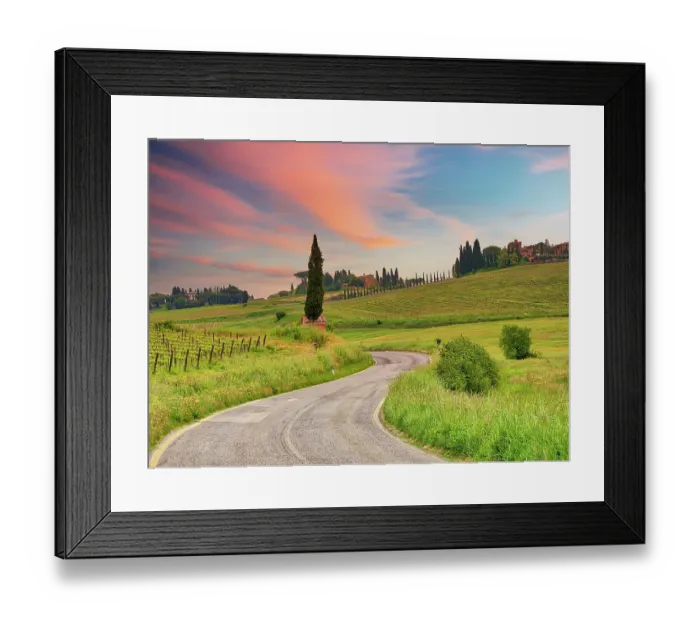 Framed Print : Italy, Umbria. Winding road through Field
