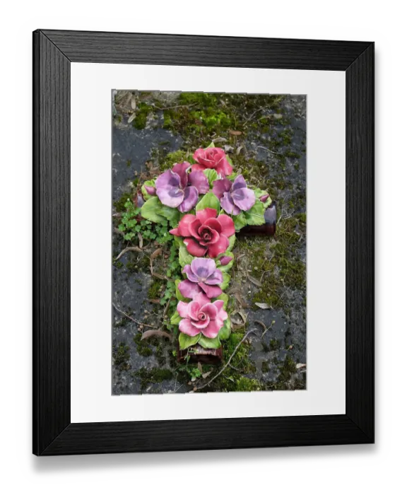 Framed Print : Paris, France. The famous Pere LaChaise Cemetery. Old, beautiful porcelain floral cross Framed Print : Paris, France. The famous Pere LaChaise Cemetery. Old, beautiful porcelain floral cross