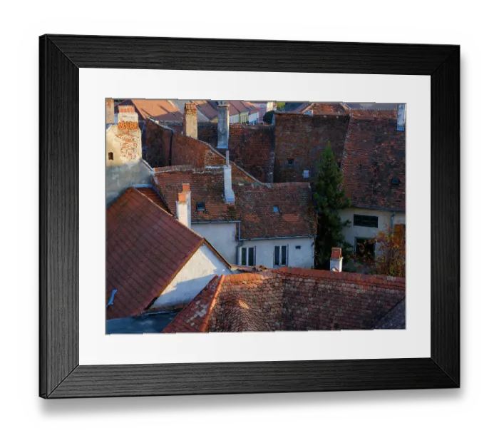 Framed Print : The roofs of the old town. The medieval town Koszeg in Western Transdanubia close to the Austrian border. Eastern Europe, Hungary Framed Print : The roofs of the old town. The medieval town Koszeg in Western Transdanubia close to the Austrian border. Eastern Europe, Hungary