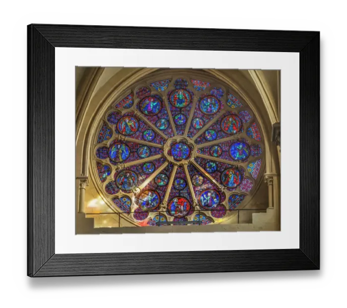 Framed Print : Jesus Christ and angels stained glass rose window, Lyon Cathedral, France. Cathedral begun in 1180 and finished in 1480