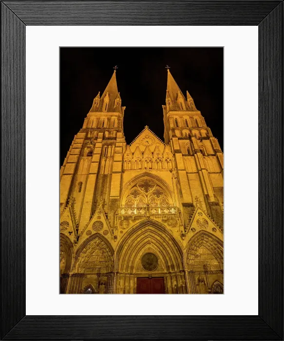 Framed Print : Illuminated Bayeux Cathedral facade Towers Our Lady of Bayeux Church, Bayeux, Normandy, France. Catholic church consecrated by King William the Conqueror in 1077 Framed Print : Illuminated Bayeux Cathedral facade Towers Our Lady of Bayeux Church, Bayeux, Normandy, France. Catholic church consecrated by King William the Conqueror in 1077