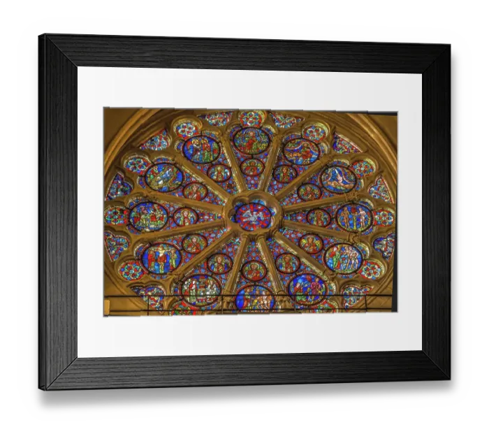 Framed Print : Biblical stories stained glass rose window, Lyon Cathedral, France. Cathedral begun in 1180 and finished in 1480