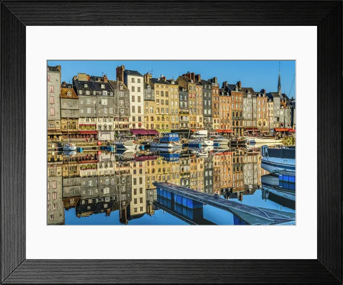 Framed Print : Colorful morning waterfront reflections, Inner Harbor, Honfleur, France. Honfleur is famous for its reflections, which inspired Monet