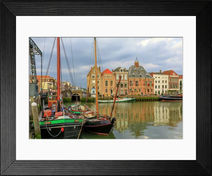 Framed Print : Netherlands, Zuid Holland, Maassluis. Harbor boats and row houses Framed Print : Netherlands, Zuid Holland, Maassluis. Harbor boats and row houses