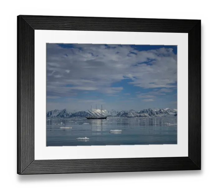 Framed Print : Svalbard, Norway. Rembrandt sailboat anchored in a scenic landscape