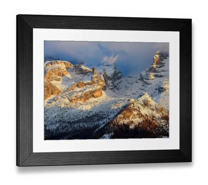 Framed Print : Cima Falkner and the peaks around Rifugio Tuckett e Sella. View of the Dolomiti di Brenta from Val Rendena in the Parco Naturale Adamello Brenta, part of UNESCO World Heritage Site. Dolomites, in the province of Trentino in Italy