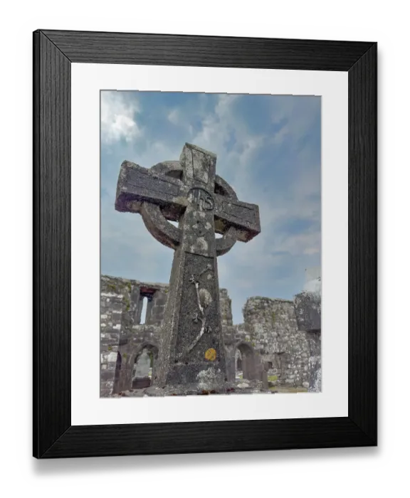 Framed Print : Celtic cross at Burrishoole Abbey is dotted with lichen Framed Print : Celtic cross at Burrishoole Abbey is dotted with lichen