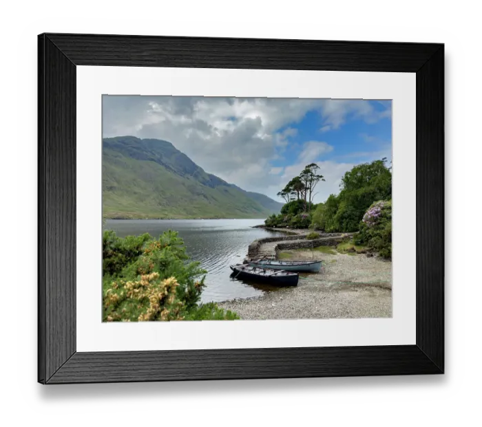 Framed Print : Skiffs await passengers on the shores of Doo Dough, Ireland Framed Print : Skiffs await passengers on the shores of Doo Dough, Ireland