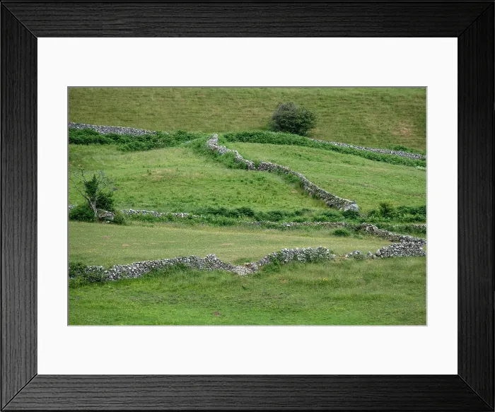Framed Print : Ancient stone fences criss cross a field near the village of Cong