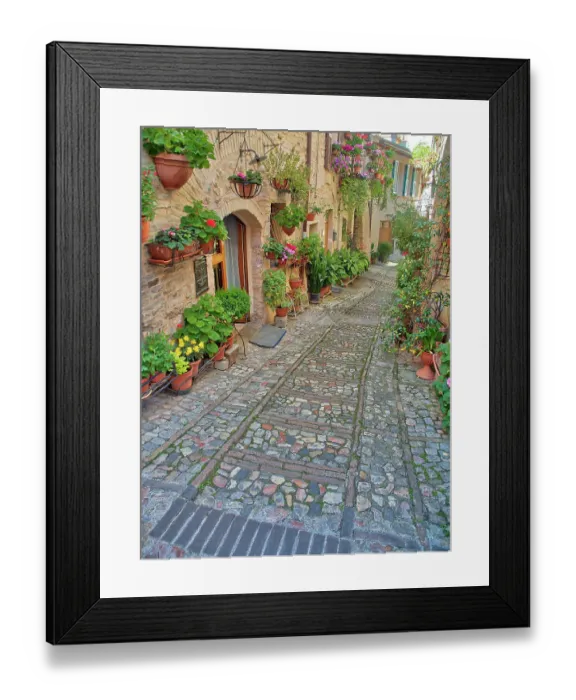 Framed Print : Italy, Umbria, Spello. Alley with potted plants