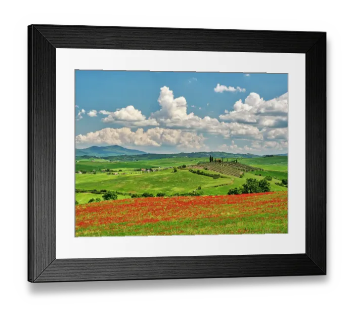 Framed Print : Italy, Tuscany. View of Tuscan Valley and villa with Spring poppies