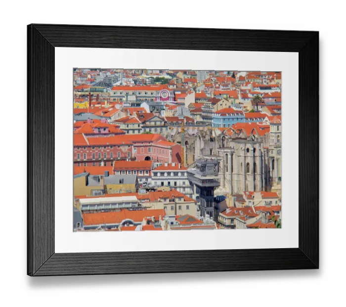 Framed Print : Portugal, Lisbon. A view of Lisbon with the Santa Justa Lift (Carmo Lift) and the ruins of the 14th-15th century Gothic church Igreja do Carmo