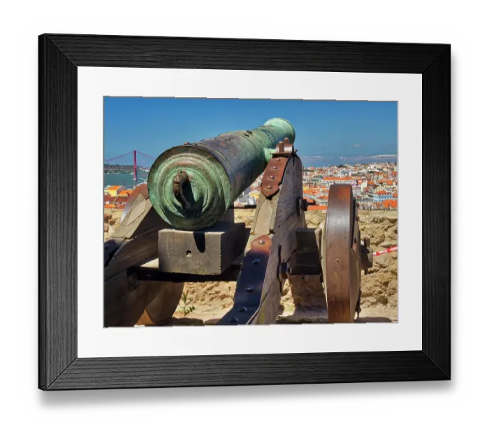 Framed Print : Portugal, Lisbon. Canon on top of Castle of Saint George and city view