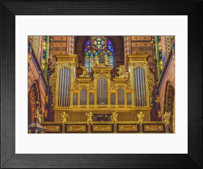 Framed Print : Colorful golden organ stained glass, St. Mary's Basilica, Krakow, Poland. Built first in 1300's and the interior in 1700's Framed Print : Colorful golden organ stained glass, St. Mary's Basilica, Krakow, Poland. Built first in 1300's and the interior in 1700's