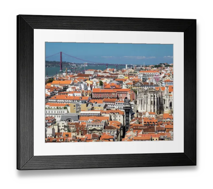 Framed Print : Portugal, Lisbon. A view of Lisbon with the Santa Justa Lift (Carmo Lift) and the ruins of the 14th-15th century Gothic church Igreja do Carmo